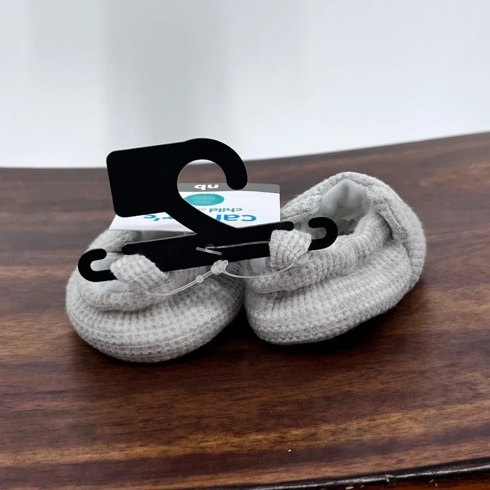Carters Gray Booties Unisex Newborn NB Waffle Knit Soft Sole Slip On Shoes NEW